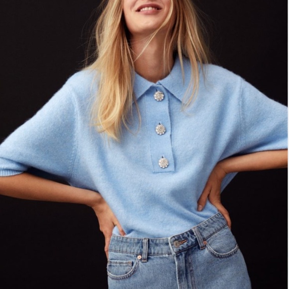 H&M Sweater Womens Size M Blue Wool Blend Rhinestone Flower Buttons SS Collar - Picture 1 of 14